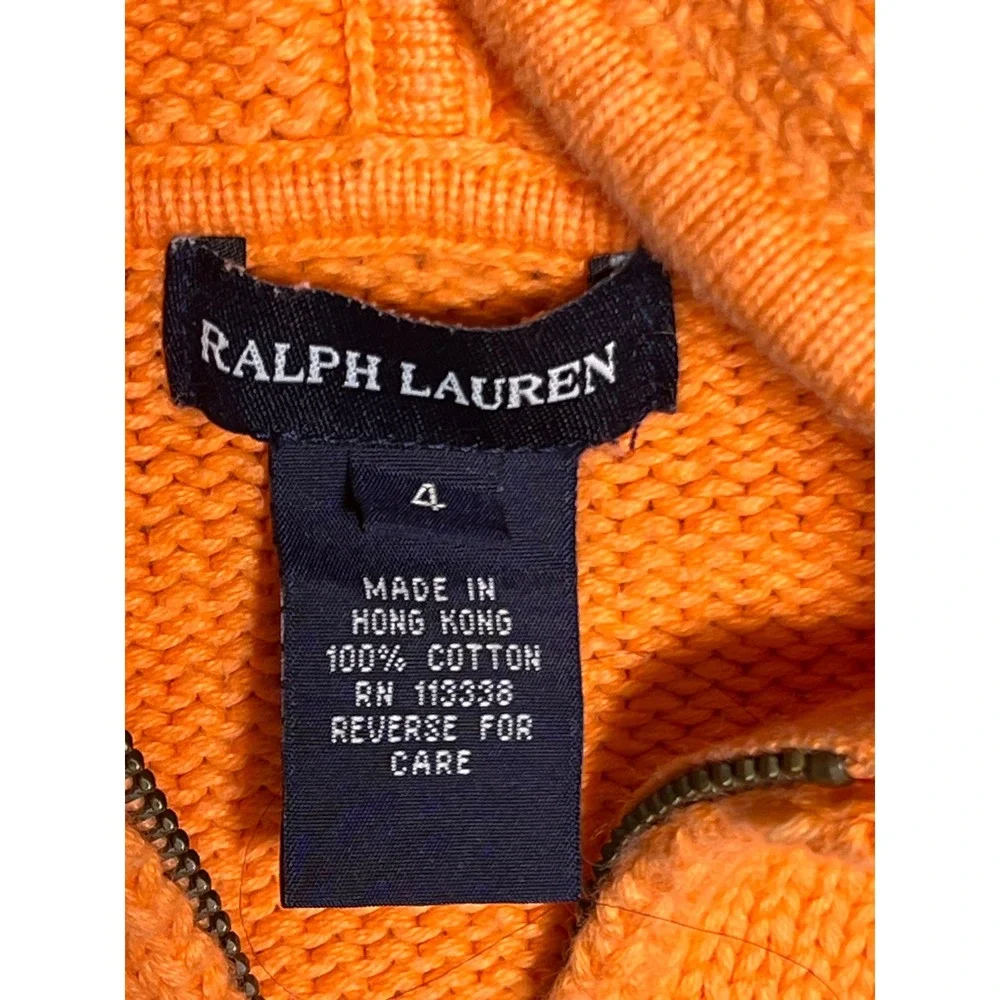Ralph Lauren Kids Orange Cotton Zip Hoodie Jacket Size 4 Preppy Warm Pony‎ Logo
